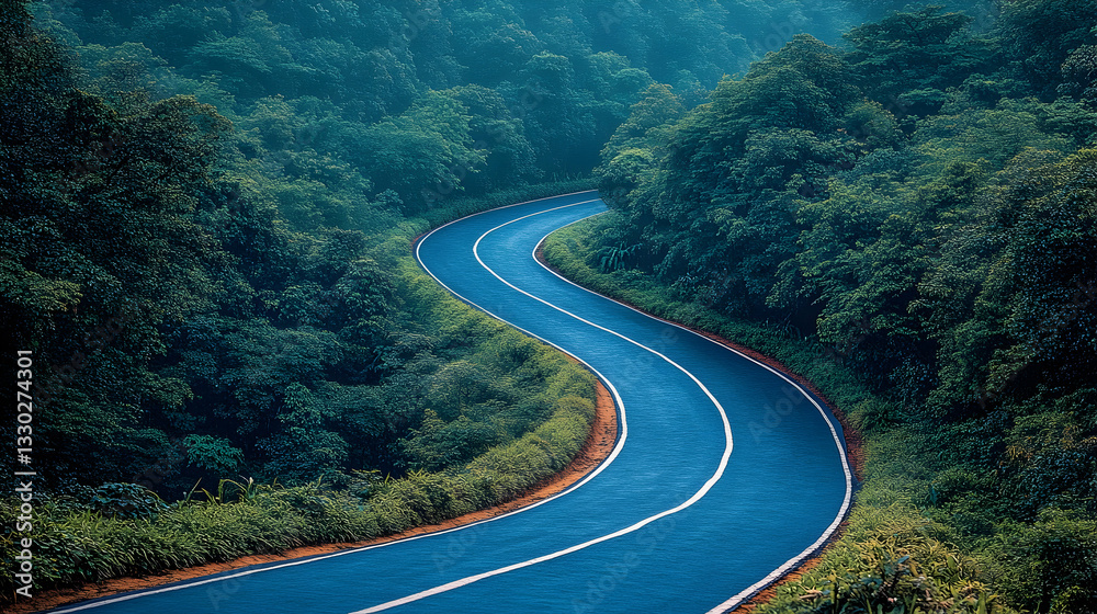 Winding road through lush forest Winding road through lush forest