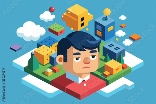 A person reflects thoughtfully in front of a vibrant isometric cityscape filled with colorful buildings, Thinking face Customizable Isometric Illustration