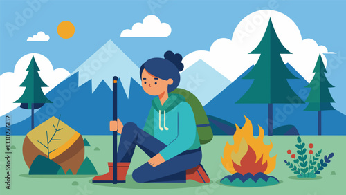 A survivor of abuse finding peace and empowerment while learning wilderness survival skills.. Vector illustration