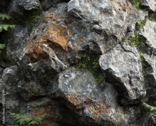 Large Rock Formation Texture with Moss and Fern Details Close Up