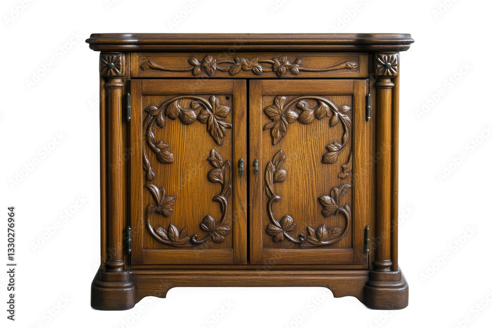 Fototapeta premium An Antique Oak Cabinet, Meticulously Carved With Swirling Floral Patterns, Showcasing Timeless Craftsmanship And Elegant Design, Rich In Warm Brown Tones Isolated on Transparent Background
