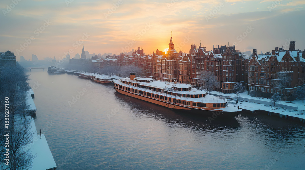 Naklejka premium Winter cityscape, snow-covered river, golden sunset