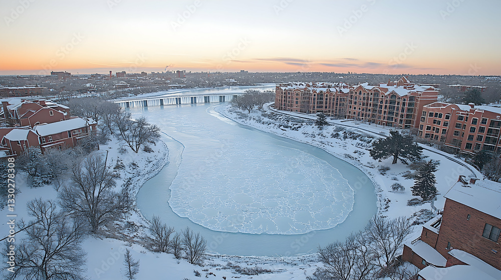 Obraz premium Winter cityscape with frozen river (1)