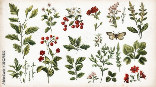 A vintage botanical illustration featuring various flowers, leaves, and a butterfly, showcasing rich colors and intricate details.