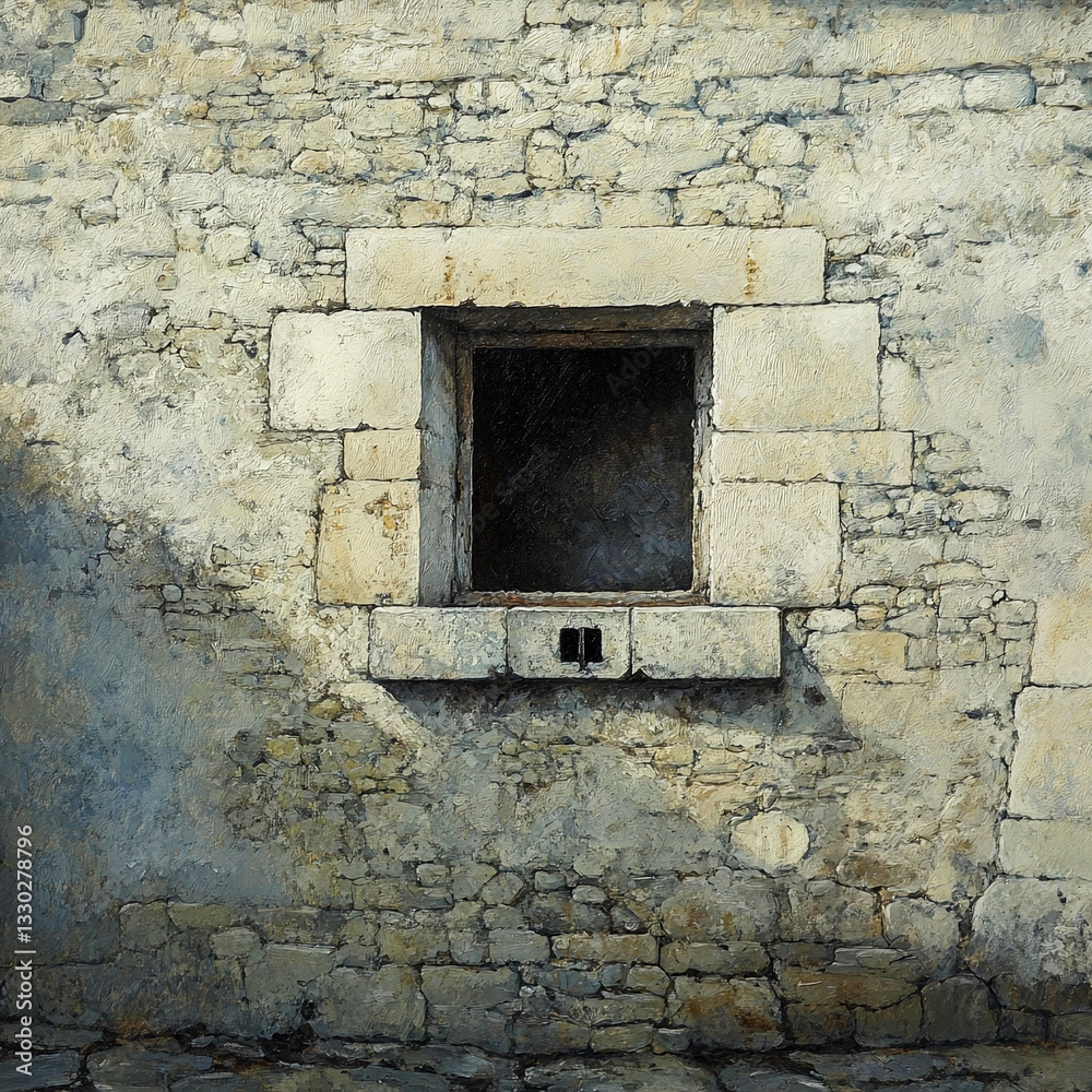 Distressed stone wall with a dark window opening in a rustic setting, showcasing texture and aged beauty Distressed stone wall with a dark window opening in a rustic setting, showcasing texture and aged beauty