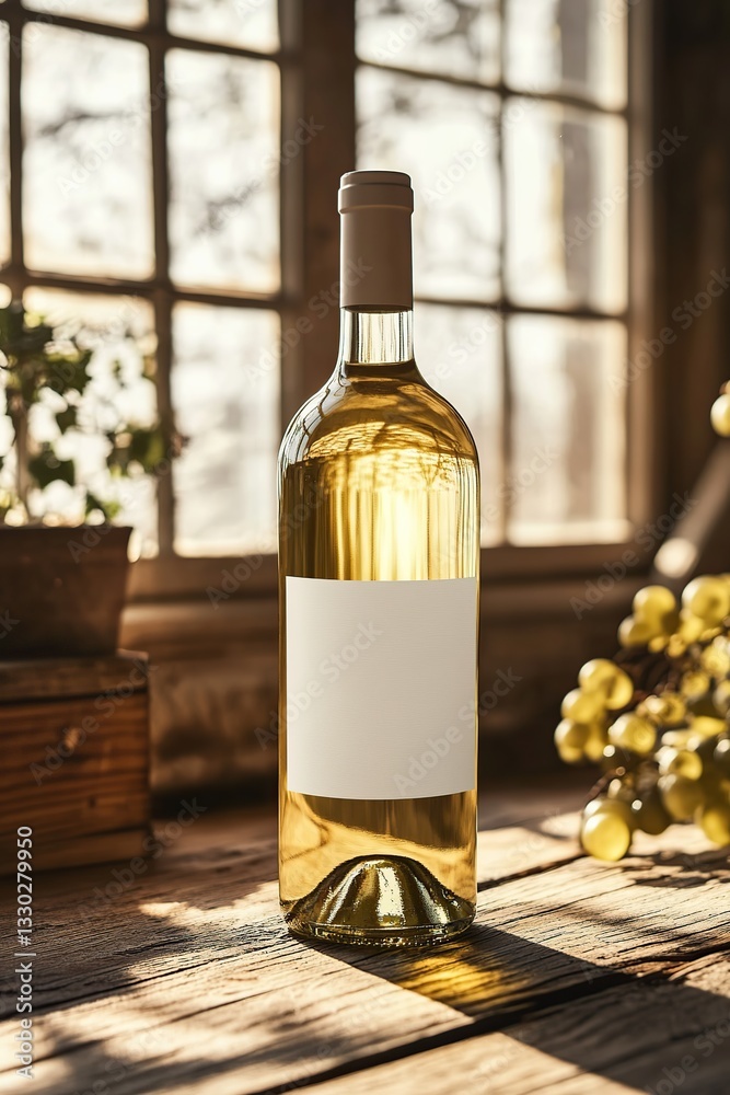 custom made wallpaper toronto digitalWhite wine bottle with blank label illuminated by sunlight indoors near plants and wooden decor