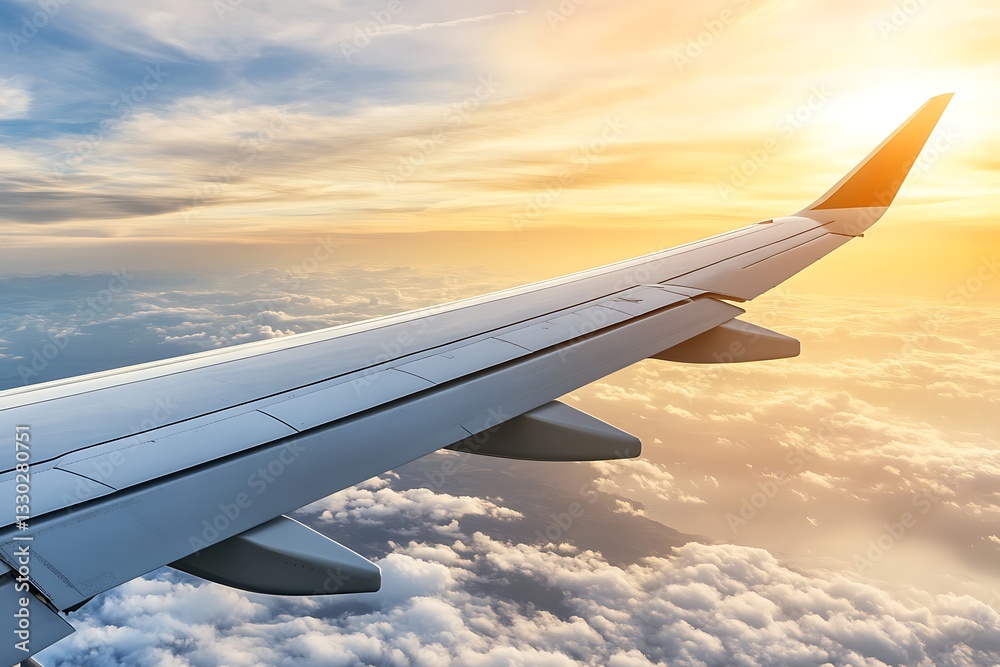 Obraz premium Majestic Airplane Wing Above Golden Cloudscape