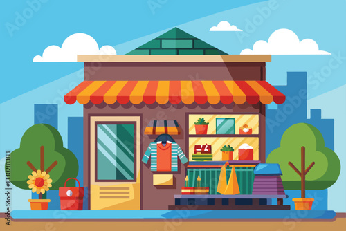 A vibrant thrift shop showcases customizable cartoon apparel and accessories outside in bright sunlight, Thrift shop Customizable Cartoon Illustration