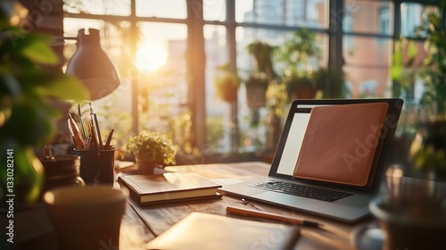 Wallpaper Mural Cozy workspace featuring a laptop, notebooks, and plants bathed in warm sunlight during late afternoon Torontodigital.ca