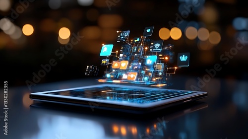 Digital App Ecosystem: 3D Render of a Tablet at Night AI Generated