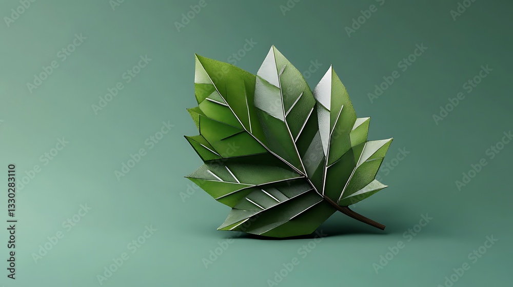 Geometric Leaf 3D Render: Low-Poly Design Against a Teal Background AI Generated