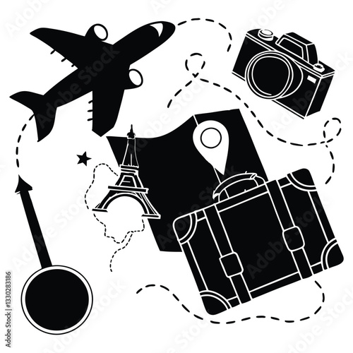 Airplane line path vector travel line icon. Vector line concept for travel and tourism Summer vacations and international travelingTravel vector template design. Let's go travel around the world text 