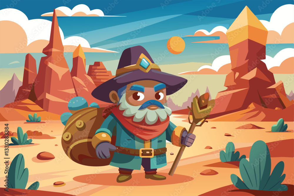 Fototapeta premium A cartoon wizard with a staff and a bag stands amidst colorful desert formations at sunset, Through the desert Customizable Cartoon Illustration