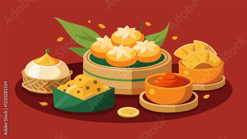 An elegant display of mini dim sum dumplings sesameseared tofu cubes and Thai curry puffs.. Vector illustration