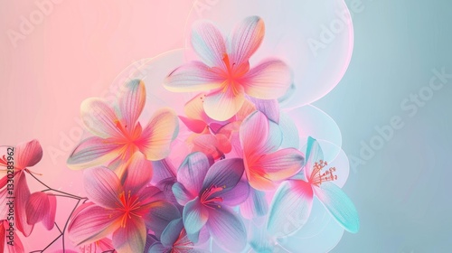 abstract background with translucent colored overlapping neon circle shapes and flowers on light background