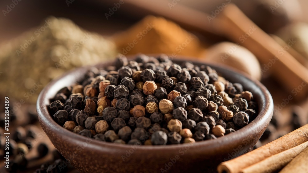 A bowl filled with black pepper seeds. The bowl is mounted on a wooden surface. The background is blurred and various spices are visible on it, including coriander, cinnamon and nutmeg. A bowl filled with black pepper seeds. The bowl is mounted on a wooden surface. The background is blurred and various spices are visible on it, including coriander, cinnamon and nutmeg.
