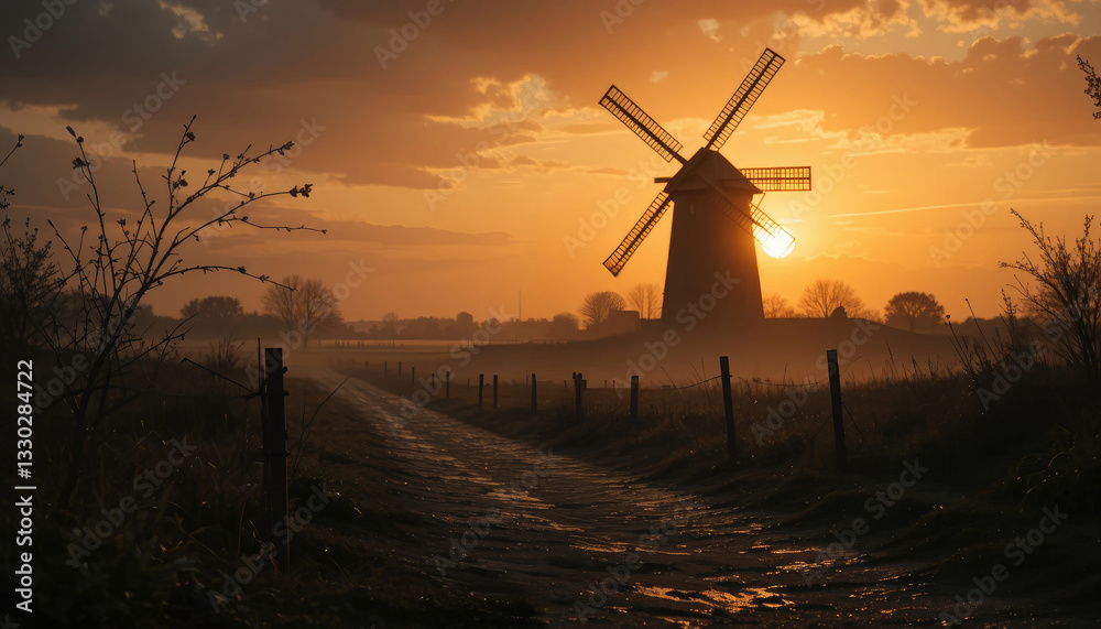 Obraz premium Windmill at Sunset on Misty Countryside Road with Golden Light
