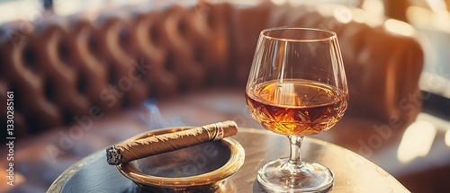Cognac Glass and Smoldering Cigar on a Leather Tabletop. Copy space on the right. Generative AI