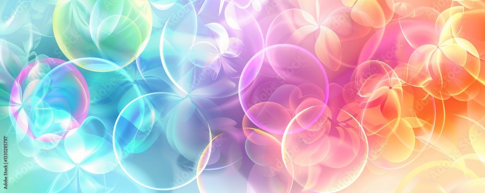 abstract background with translucent colored overlapping neon circle shapes and flowers on light background abstract background with translucent colored overlapping neon circle shapes and flowers on light background