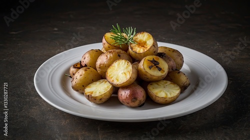 Roasted Baby Potatoes Served on Plate with Rosemary Herb