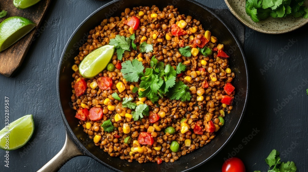 A warm top-view shot of a skillet filled with seasoned lentils, rice, tomatoes, and corn, garnished with fresh cilantro and lime wedges A warm top-view shot of a skillet filled with seasoned lentils, rice, tomatoes, and corn, garnished with fresh cilantro and lime wedges