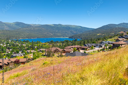View of Liberty Lake from a hillside luxury neighborhood in the suburban city of Liberty Lake, Washington, a suburb of the greater Spokane region.