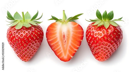 Fresh ripe red strawberries with one cut in half, displayed on white background, juicy and sweet fruit, isolated on white background. photo