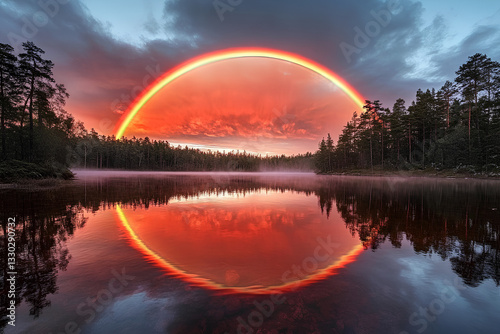 A beautiful sunset over a tranquil lake in the Swedish province of Öland, with vibrant colors reflecting on the water, creating a serene and peaceful atmosphere photo