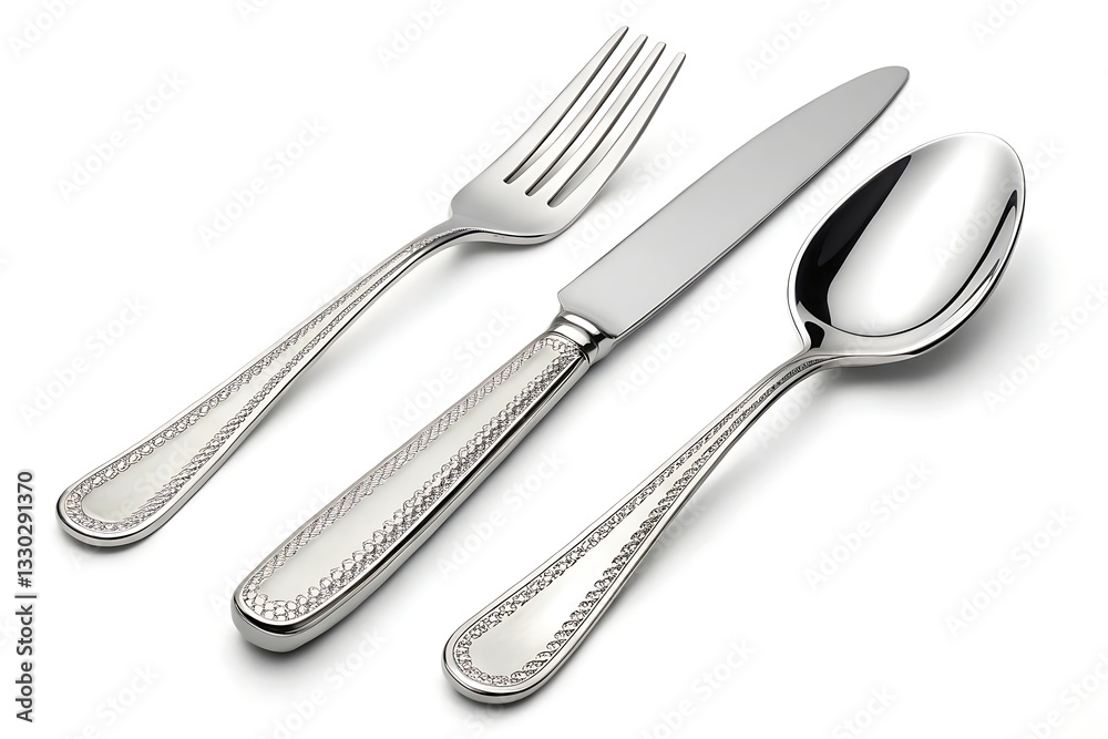 Set of silver stainless steel cutlery including fork, knife, and spoon isolated on white background, classic kitchen utensils for dining Set of silver stainless steel cutlery including fork, knife, and spoon isolated on white background, classic kitchen utensils for dining