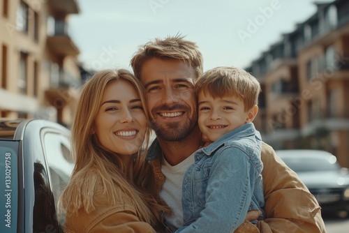 a family smiling together in front of buildings.