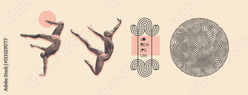 Jumping man. Leadership, freedom or development concept. Gymnast. 3D human body model. Abstract circles with dots. Line art element. Vector for cover, card, postcard, banner, brochure or presentation.