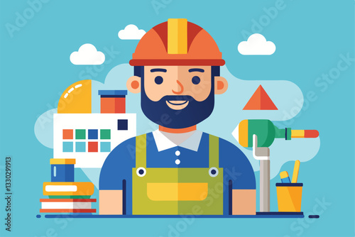 A skilled tiler stands proudly amidst tools and materials, ready for a renovation project in a workshop, Tiler Customizable Flat Illustration