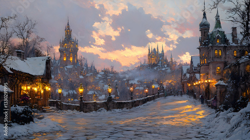 Winter wonderland town.  Snowy streets, glowing lights