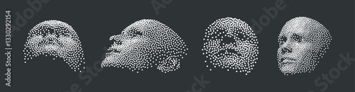 Four human faces constructing from particles. Network forming AI human face. Technology and robotics concept. Anonymous social masking. Cyber crime and cyber security vector illustration.