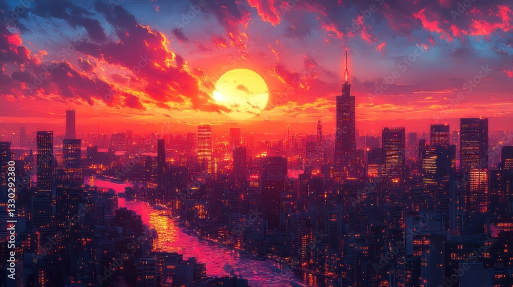 Fototapeta premium Vibrant Tokyo city lights in a neon cyberpunk paper cut style