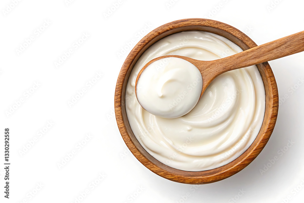 Fototapeta premium Wooden bowl filled with cream or yogurt and spoon isolated on white background, dairy product, natural ingredients, healthy food