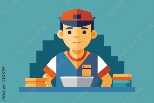 A tiler focused on creating a unique design with tools and materials spread out in a tidy workspace, Tiler Customizable Semi Flat Illustration