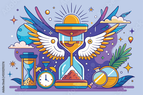An imaginative portrayal of various hourglasses surrounded by cosmic elements, symbolizing the passage of time, Time flies Customizable Disproportionate Illustration