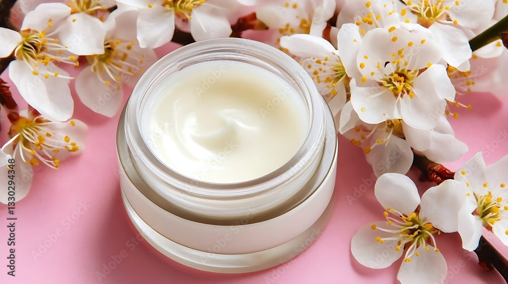 Cream jar amidst blossoms for skincare product Cream jar amidst blossoms for skincare product