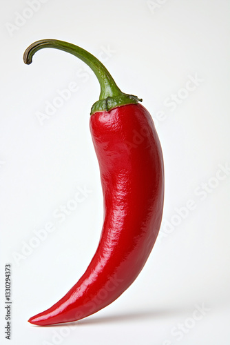 Curved red chili pepper hanging isolated on a white backdrop