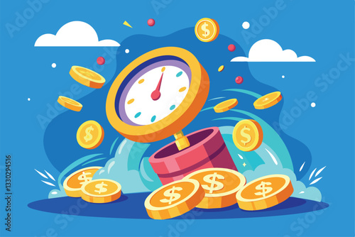 A clock stands amidst flying coins, symbolizing the connection between time and money, emphasizing urgency, Time is money