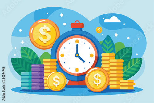 A colorful illustration shows a clock surrounded by coins and stacks representing time's monetary value, Time is money for business profit