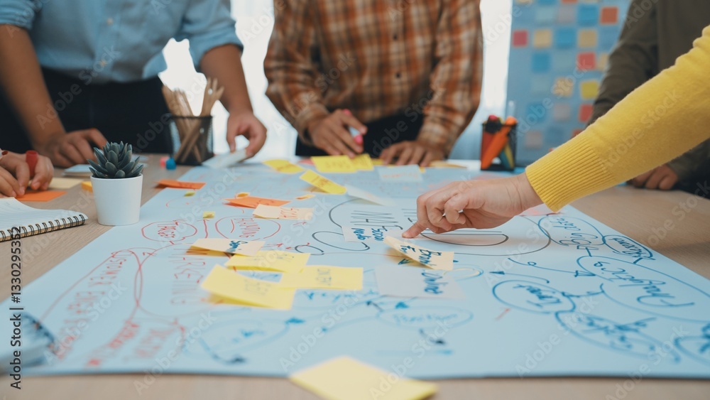 A diverse team engages in a lively brainstorming session, using sticky notes and large paper to generate and organize creative ideas in an inspiring office setting. SACTR A diverse team engages in a lively brainstorming session, using sticky notes and large paper to generate and organize creative ideas in an inspiring office setting. SACTR
