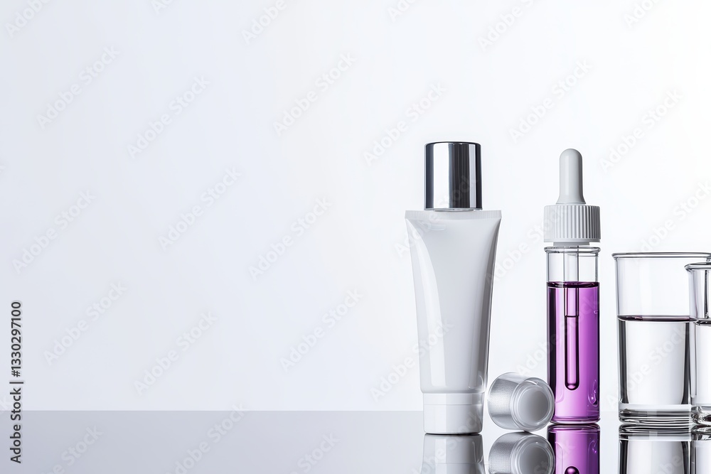 Minimalist Scientific Skincare Arrangement Featuring Sleek Containers and Colorful Liquid Minimalist Scientific Skincare Arrangement Featuring Sleek Containers and Colorful Liquid