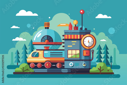 A creative time machine blends retro aesthetics with modern design elements, set in a lush landscape, Time machine Customizable Semi Flat Illustration