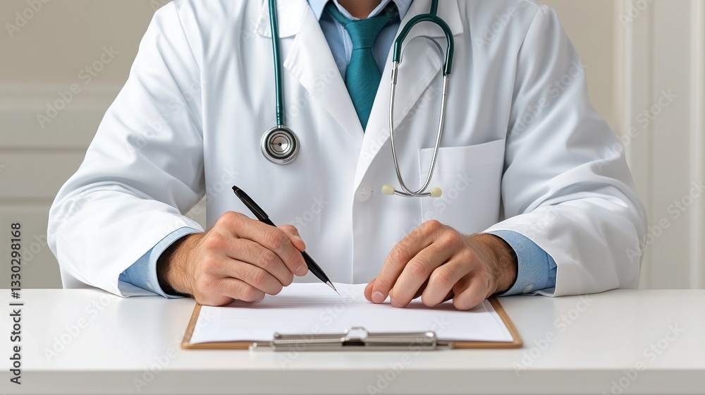 doctor in a white coat is seated at a desk, holding a pen and writing on a clipboard. setting is a medical office, showcasing a professional atmosphere focused on patient care doctor in a white coat is seated at a desk, holding a pen and writing on a clipboard. setting is a medical office, showcasing a professional atmosphere focused on patient care