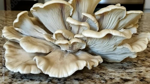 Beautifully detailed gourmet mushrooms arranged elegantly on a kitchen countertop