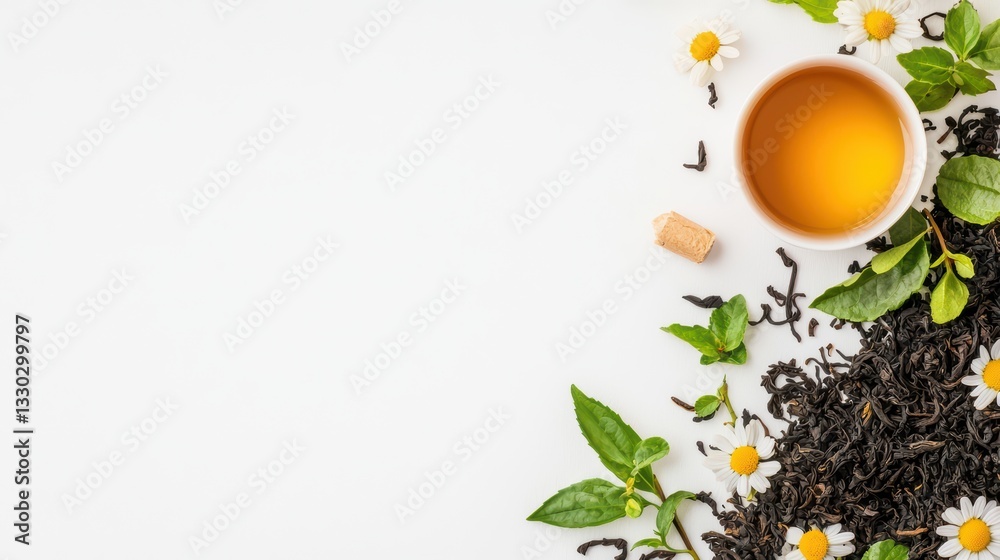 Tea Time Essentials Concept Set Featuring Various Tea Leaves and Cup with Blossoms Tea Time Essentials Concept Set Featuring Various Tea Leaves and Cup with Blossoms