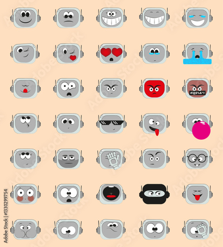 Vector Emoji Sticker Set of AI Robot – 35 Cartoon Facial Expressions, Artificial Intelligence, Cyberpunk, Stickers
