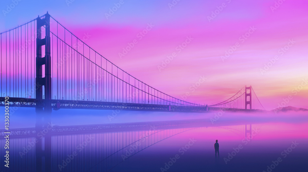 Fototapeta premium serene landscape featuring bridge at sunset, enveloped in fog